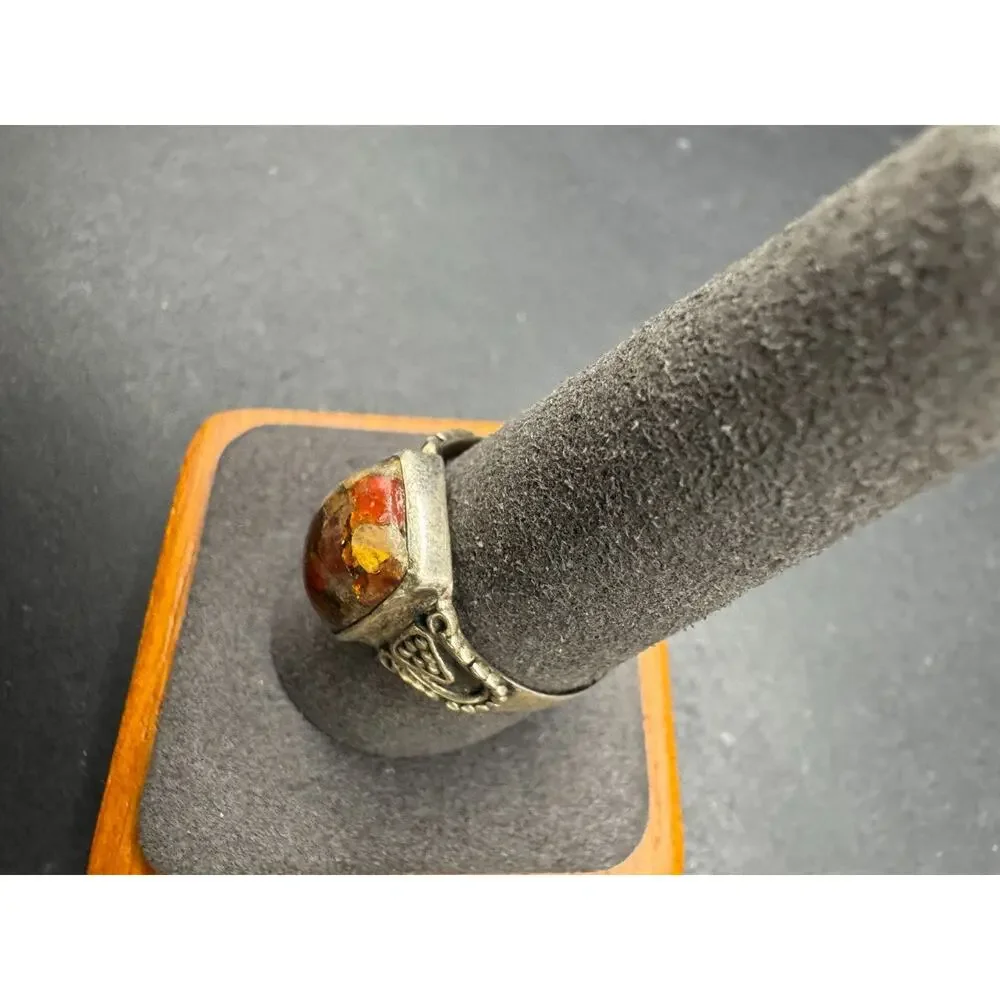 Vintage Sterling Silver 925 Statement Ring Fire Opal Textured Band Size 10
